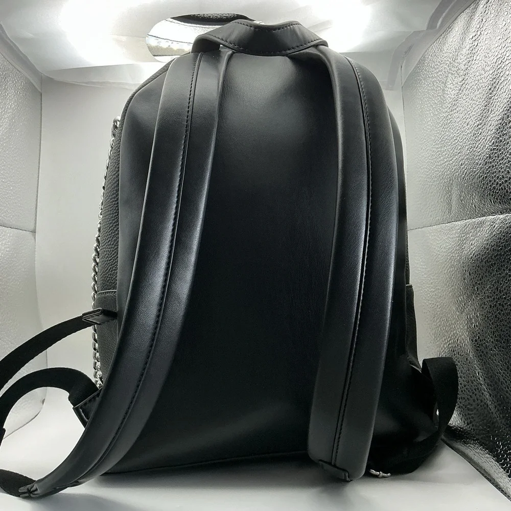 Michael Kors Slater Medium Chain Backpack Black Leather Silver Hardware NWT